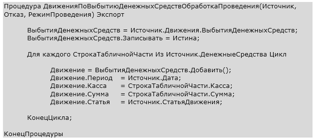 Листинг процедуры ДвиженияПоВыбытиюДенежныхСредствОбработкаПроведения