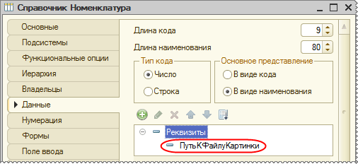 Реквизит справочника Номенклатура для хранения пути к файлу картинки